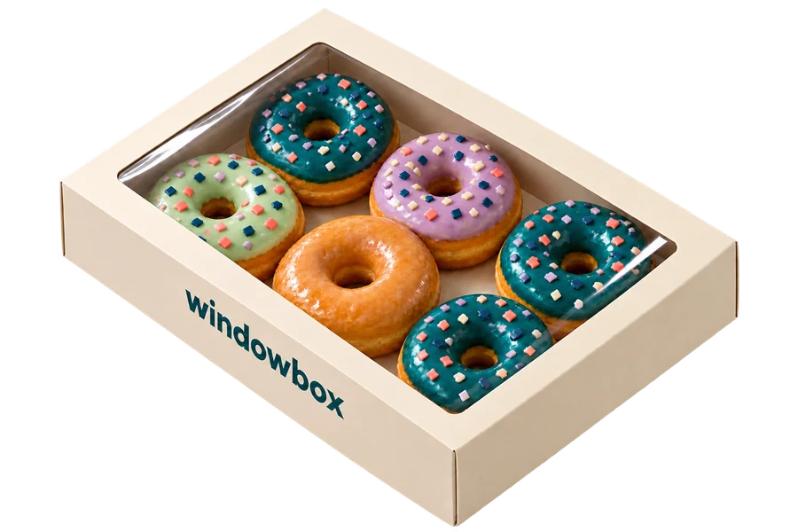 Six donuts beneath the clear window of a Windowbox bakery box